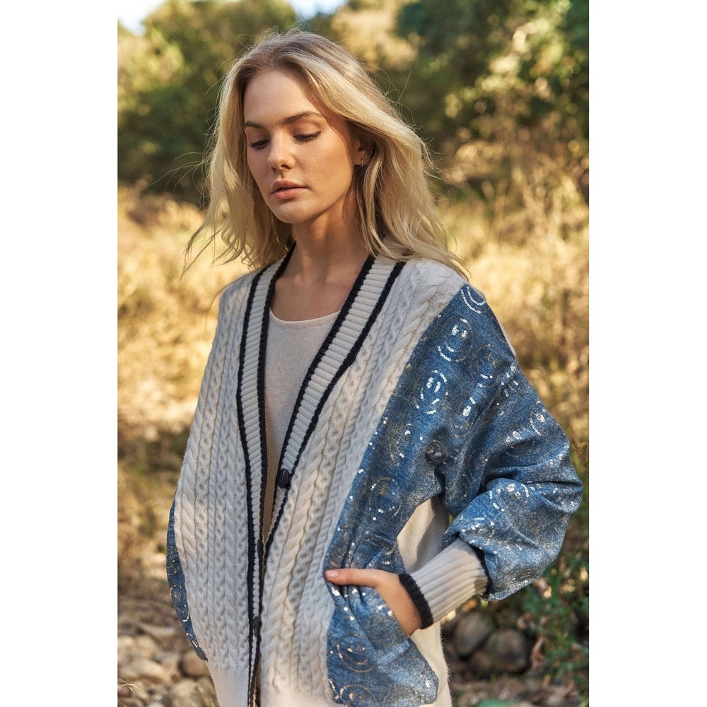 226. New Mello Knit Sequin Smiley Face Denim Sleeve Cardigan Sweater L/XL